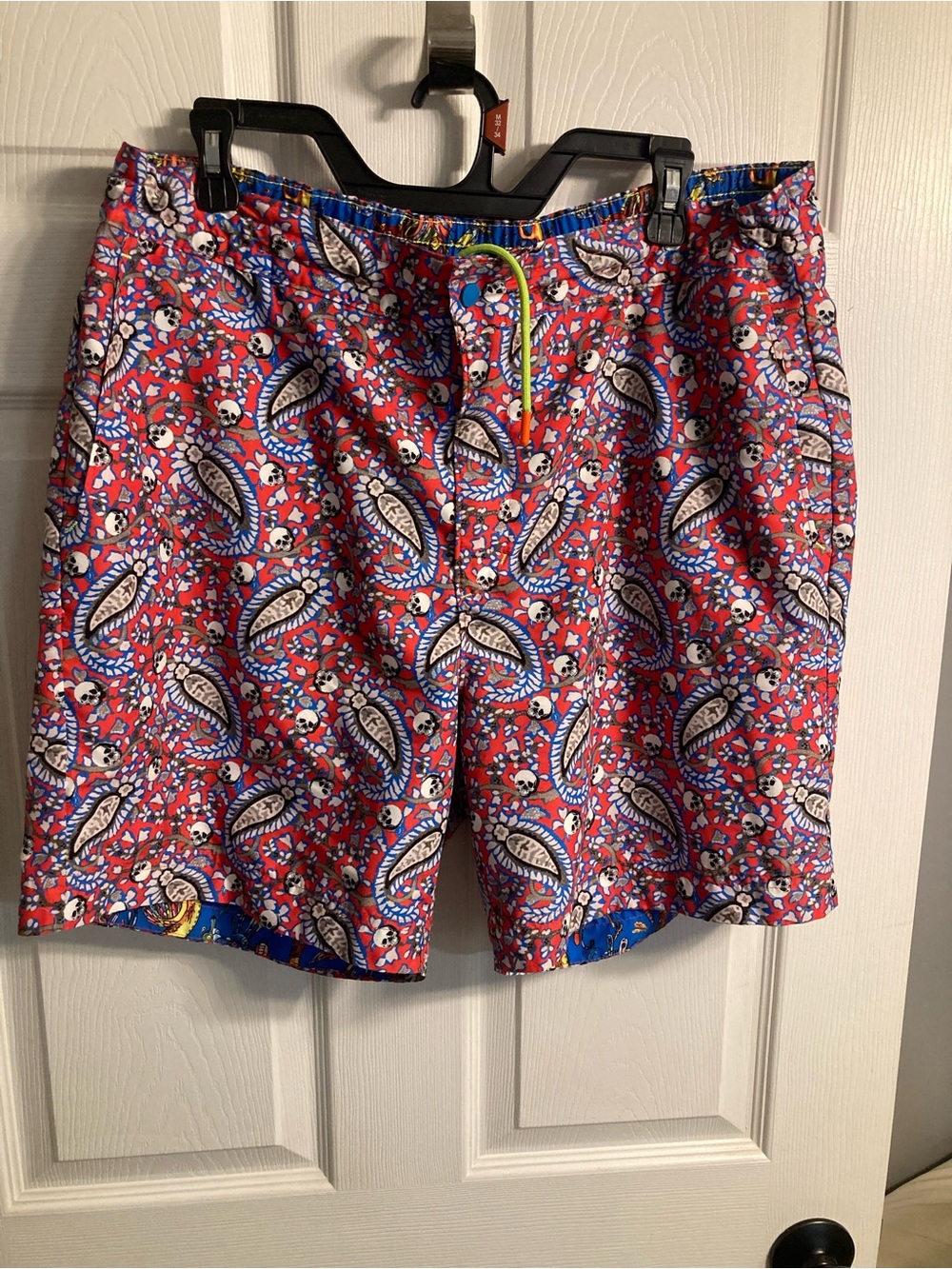Robert Graham Red Paisley & Skull Swim Board Shorts with Blue Trim